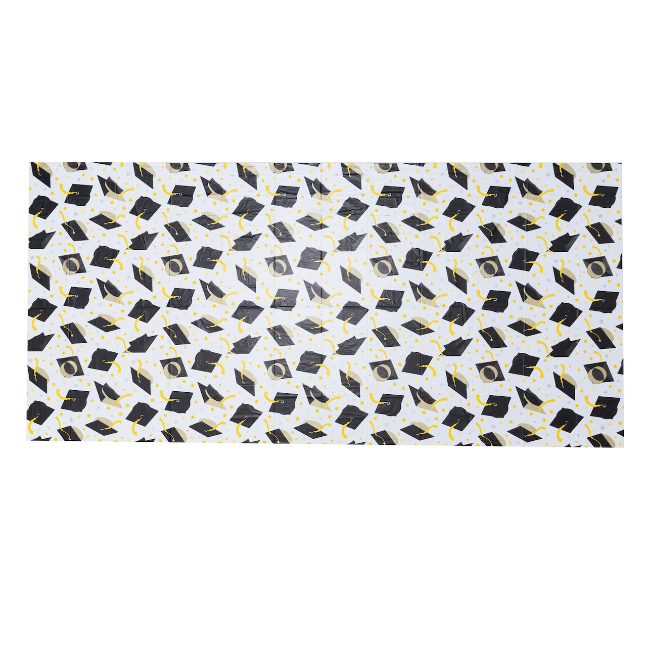 108&#x22; White, Black &#x26; Gold Graduation Cap Plastic Table Cover by Celebrate It&#x2122;